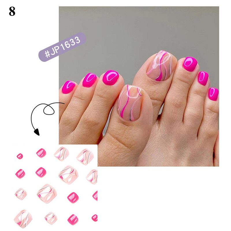 False Toenail 24Pcs/Box Toe Nail 3D Glitter Decor Press On Fake Nails With Glue Detachable Square Short Full Cover DIY Nail Tips 8