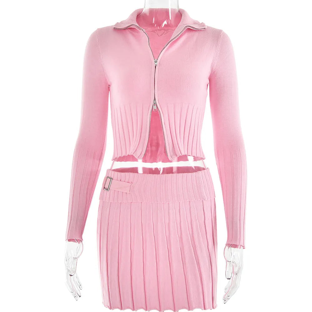 Fantoye Knit Sweater Two Piece Sets Women Tracksuit Long Sleeve Double Zipper Skirt Suit Female Solid Casual Knit Sweatshirt Set Pink