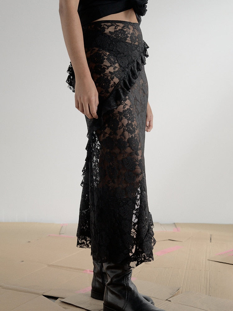 Fantoye Sexy See Through Lace Women Skirt Black High Waist Floral Y2k Skirt Femme Summer Casual Vacation Outside Streetwear 2024