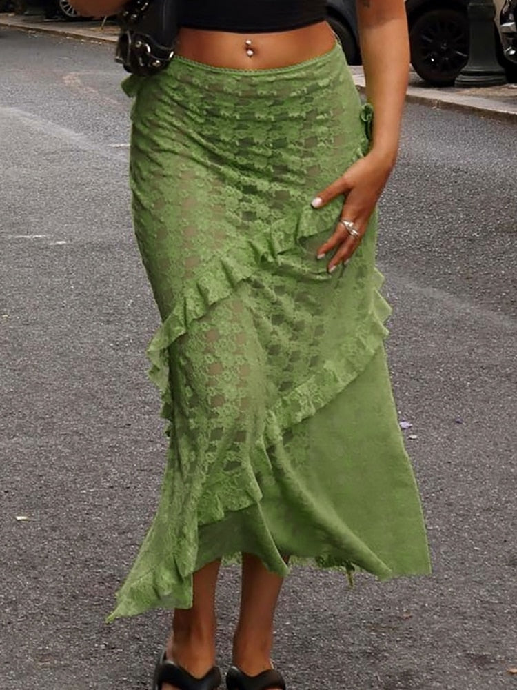 Fantoye Sexy See Through Lace Women Skirt Black High Waist Floral Y2k Skirt Femme Summer Casual Vacation Outside Streetwear 2024