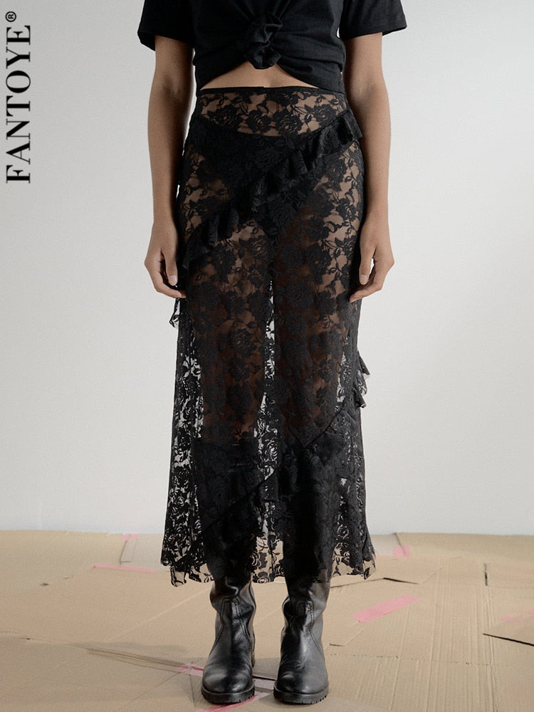 Fantoye Sexy See Through Lace Women Skirt Black High Waist Floral Y2k Skirt Femme Summer Casual Vacation Outside Streetwear 2024