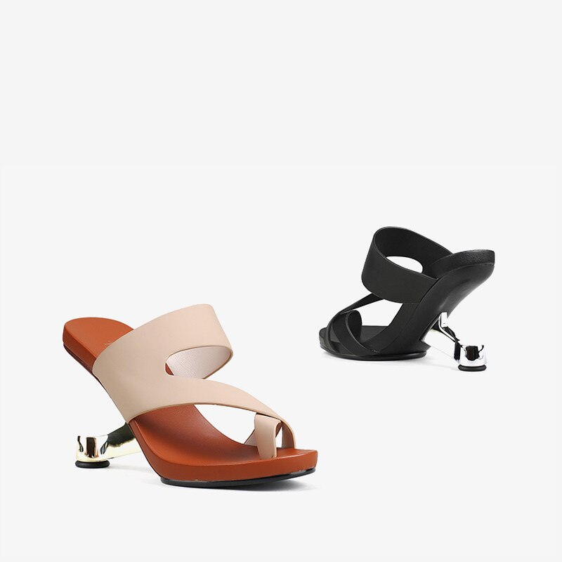 Fashion Apricot Leather Women Slippers Outside Iron Strange High Heels Flip Flops Size40 Grey Prom Party Slides Elegant Sandals