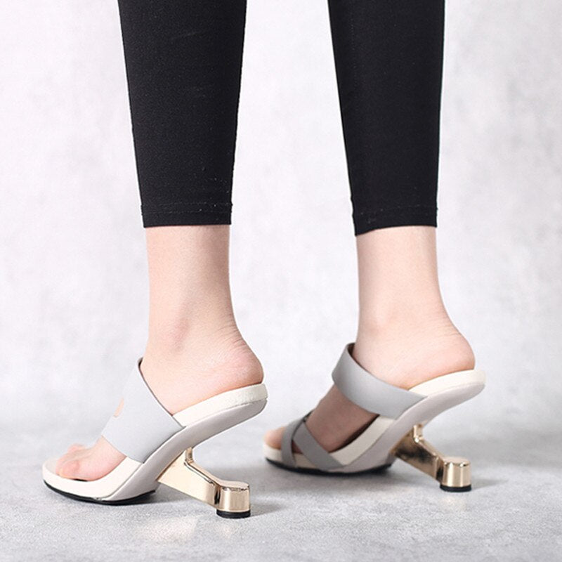 Fashion Apricot Leather Women Slippers Outside Iron Strange High Heels Flip Flops Size40 Grey Prom Party Slides Elegant Sandals