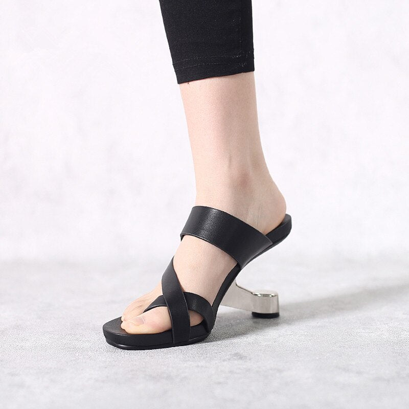 Fashion Apricot Leather Women Slippers Outside Iron Strange High Heels Flip Flops Size40 Grey Prom Party Slides Elegant Sandals