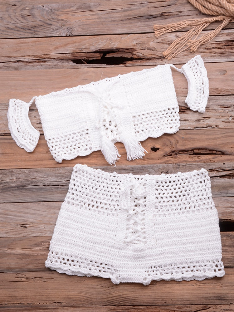 Fashion Beach Bikini Set Knitting Swimsuit Crochet Bohemia Style Off Shoulder Bathing Handmade Tassels Sexy Bikini Bra