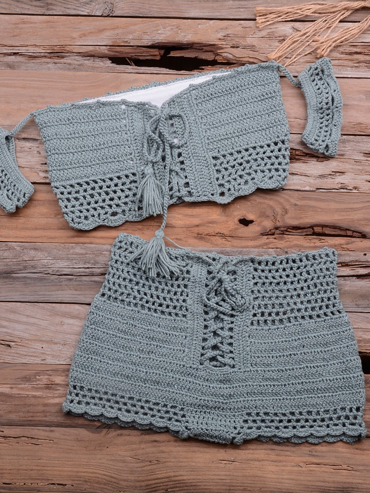 Fashion Beach Bikini Set Knitting Swimsuit Crochet Bohemia Style Off Shoulder Bathing Handmade Tassels Sexy Bikini Bra