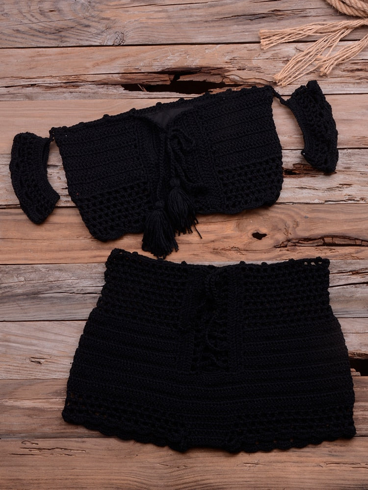 Fashion Beach Bikini Set Knitting Swimsuit Crochet Bohemia Style Off Shoulder Bathing Handmade Tassels Sexy Bikini Bra