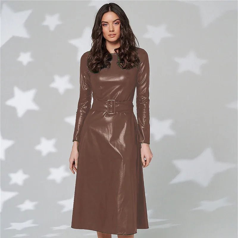Fashion Belt Faux Leather Dresses Women Long Sleeve Slim Fit PU Dress Sexy Club Wear Autumn Winter