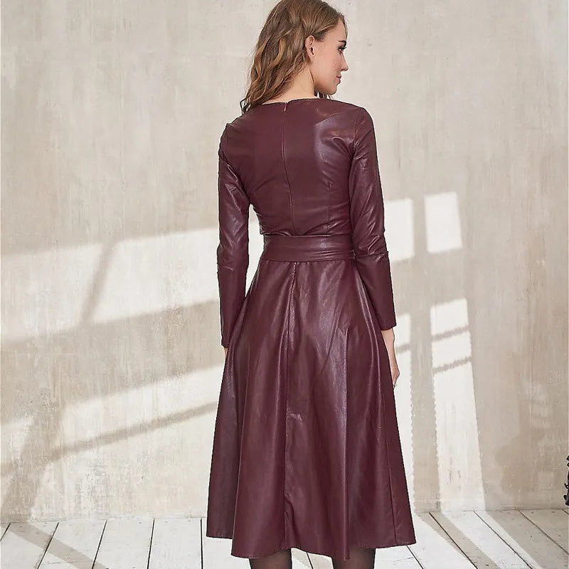 Fashion Belt Faux Leather Dresses Women Long Sleeve Slim Fit PU Dress Sexy Club Wear Autumn Winter