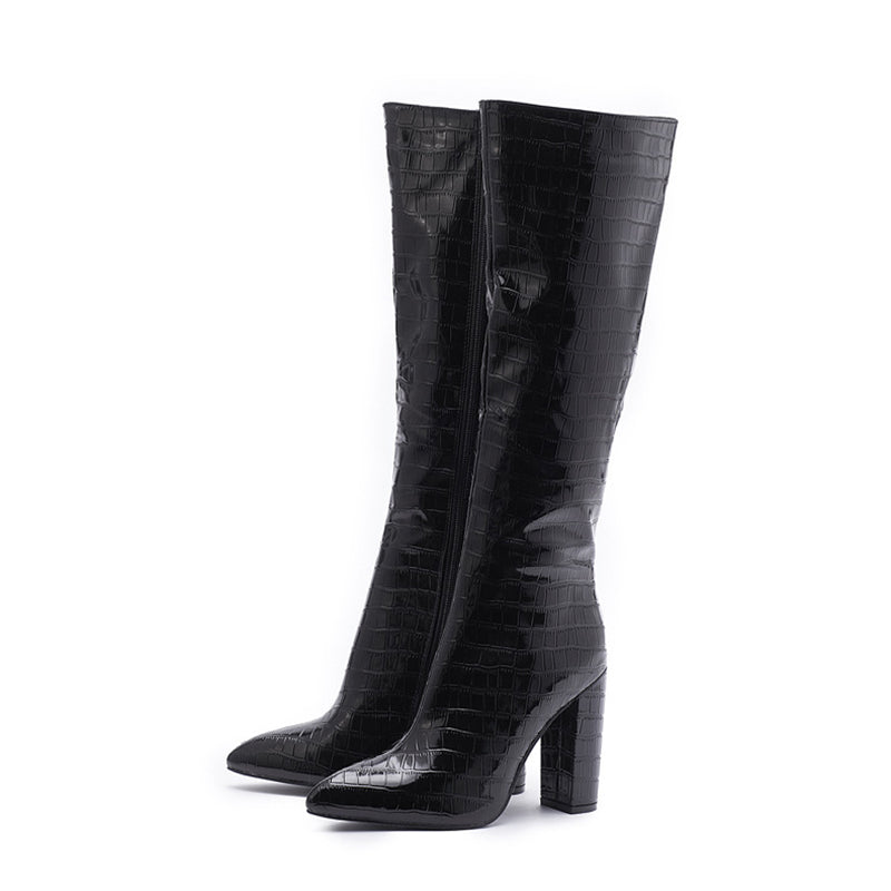 Fashion Boots Winter Pointed Toe High Square Heel Shoes With Side Zipper Mid-calf Boots Women Black