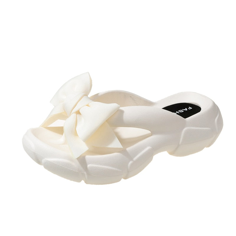 Fashion Bowknot Platform Flip Flop for Women 2024 Summer Beach Non Slip Wedge Slippers Woman Thick Sole Clip Toe Slides Sandals White