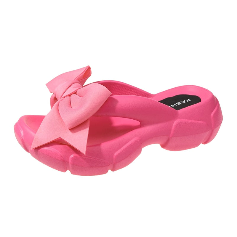 Fashion Bowknot Platform Flip Flop for Women 2024 Summer Beach Non Slip Wedge Slippers Woman Thick Sole Clip Toe Slides Sandals Rosy Red