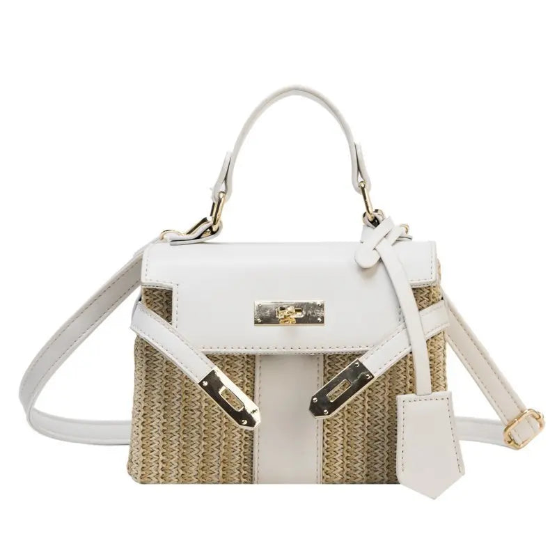 Fashion Box Straw Women Handbags Designer Wicker Woven Shoulder Crossbody Bags Chic Lock Pu Summer Beach Rattan Small Flap White 19 x 15 x 8 cm