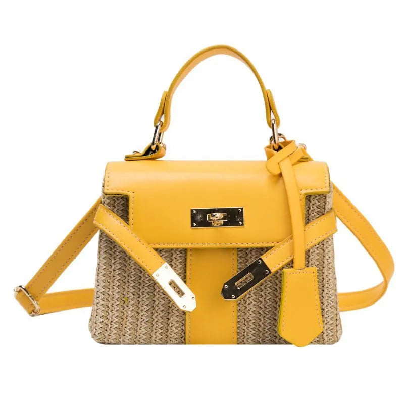 Fashion Box Straw Women Handbags Designer Wicker Woven Shoulder Crossbody Bags Chic Lock Pu Summer Beach Rattan Small Flap