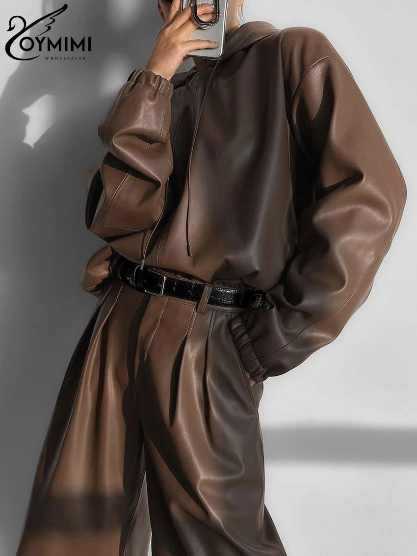 Fashion Brown Pu Leather 2 Piece Sets Women Outfit Winter Long Sleeve Hooded Shirt With High Waist Pants Set Female