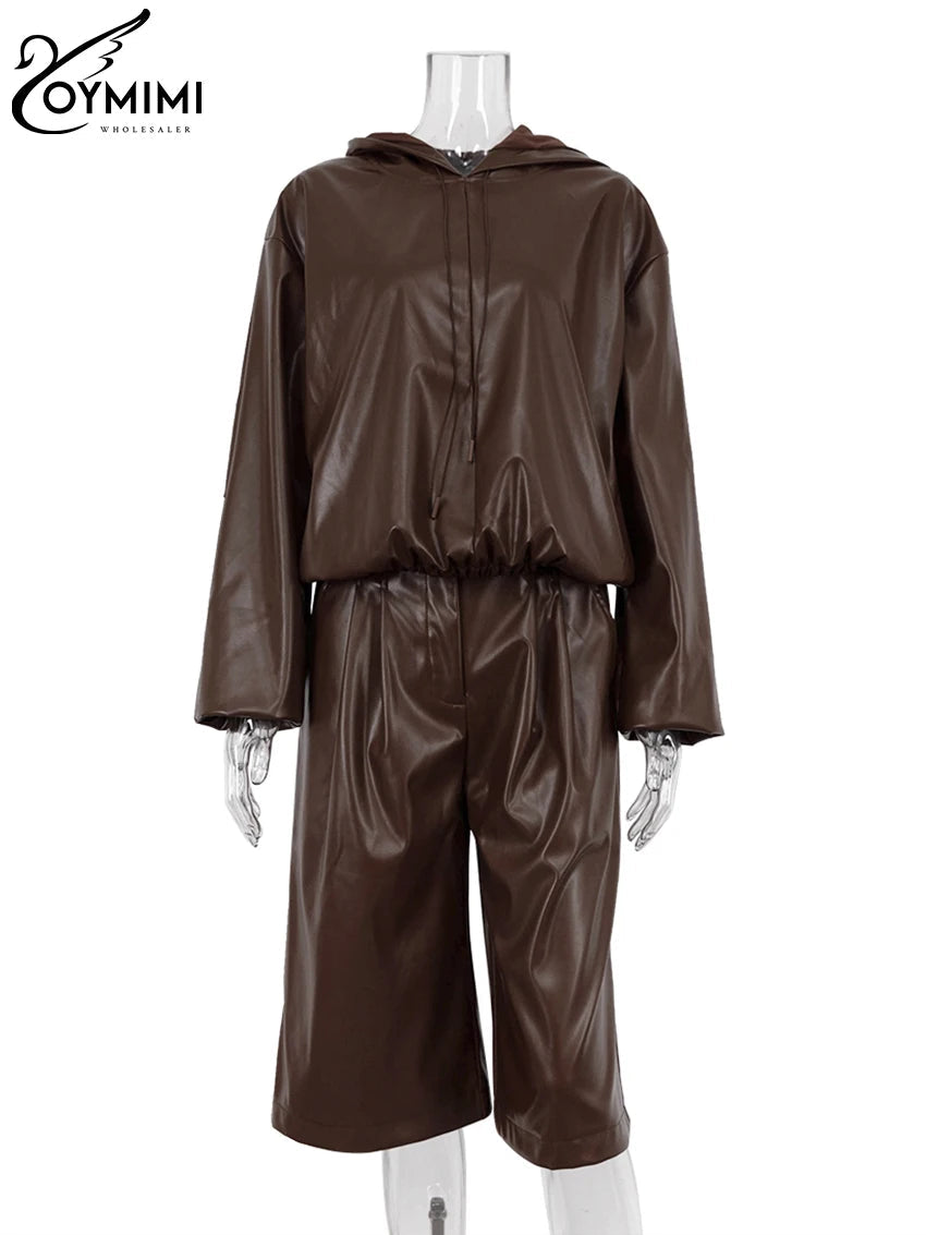 Fashion Brown Pu Leather 2 Piece Sets Women Outfit Winter Long Sleeve Hooded Shirt With High Waist Pants Set Female