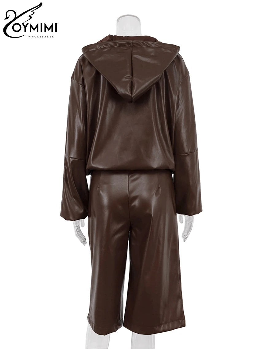 Fashion Brown Pu Leather 2 Piece Sets Women Outfit Winter Long Sleeve Hooded Shirt With High Waist Pants Set Female