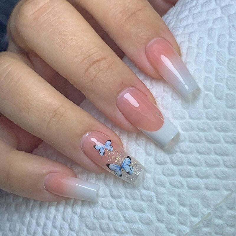 Fashion Colorful Butterfly False Nail Tips With Designs French Coffin Manicure Middle Long Ballerina Fake Nails Set Press on Nai 3
