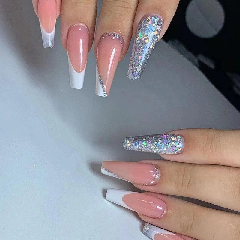 Fashion Colorful Butterfly False Nail Tips With Designs French Coffin Manicure Middle Long Ballerina Fake Nails Set Press on Nai 2