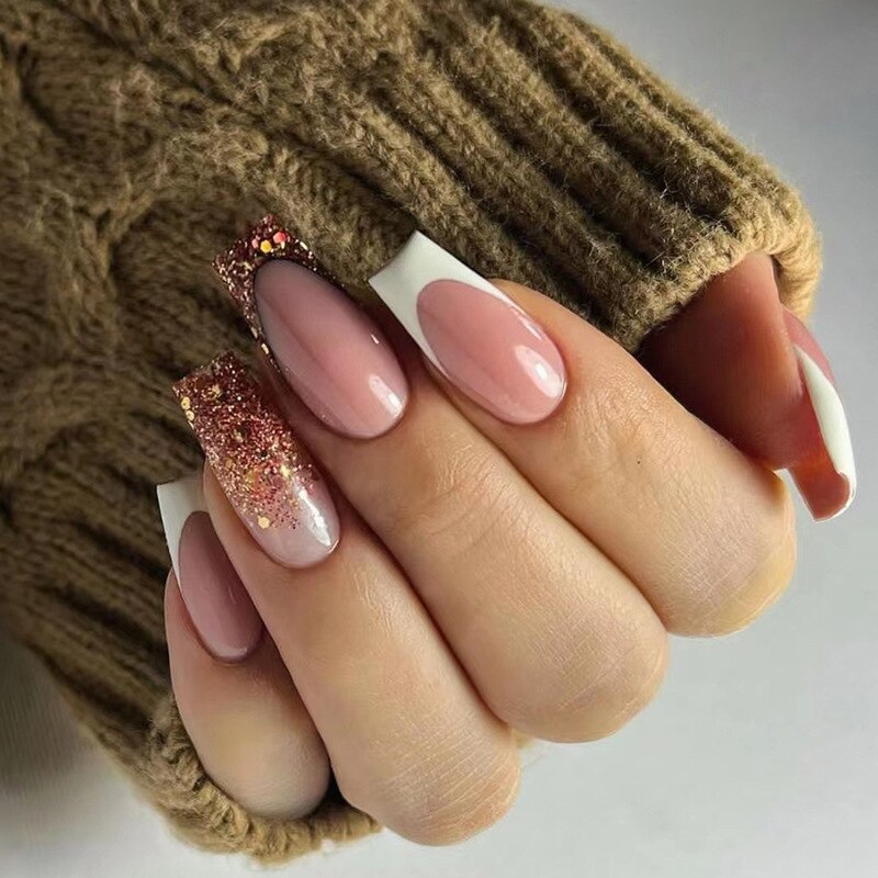 Fashion Colorful Butterfly False Nail Tips With Designs French Coffin Manicure Middle Long Ballerina Fake Nails Set Press on Nai 15