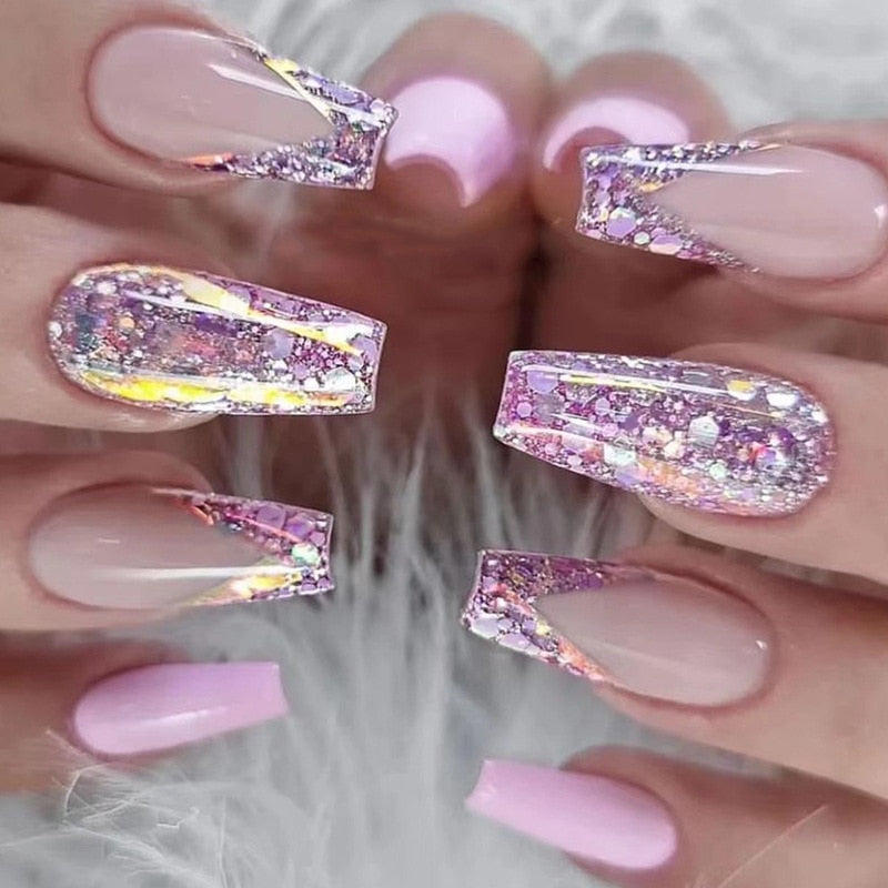 Fashion Colorful Butterfly False Nail Tips With Designs French Coffin Manicure Middle Long Ballerina Fake Nails Set Press on Nai A6