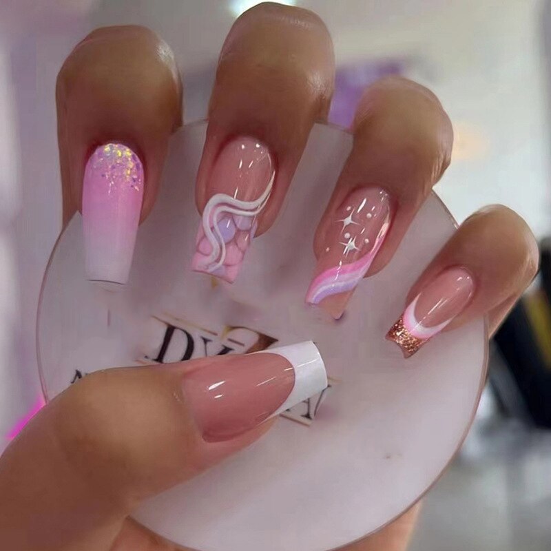 Fashion Colorful Butterfly False Nail Tips With Designs French Coffin Manicure Middle Long Ballerina Fake Nails Set Press on Nai 13