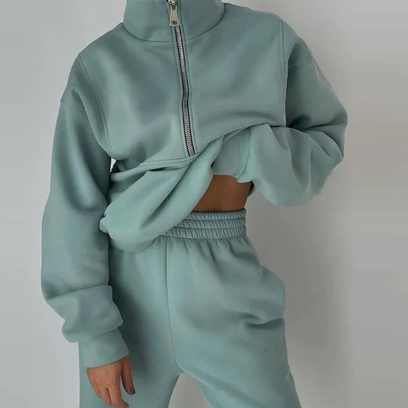 Fashion Comfortable Hooded Women Tracksuit 2Pc Set Casual Street Solid Simple Suits New Loose Hoodie Straight Long Pants Outfits Green