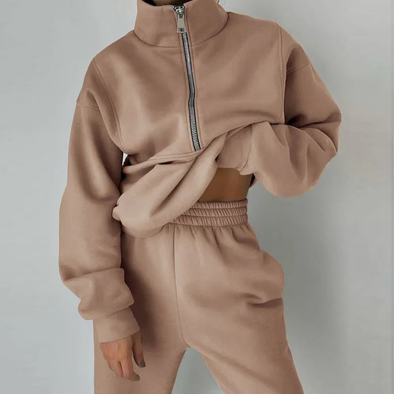 Fashion Comfortable Hooded Women Tracksuit 2Pc Set Casual Street Solid Simple Suits New Loose Hoodie Straight Long Pants Outfits Khaki
