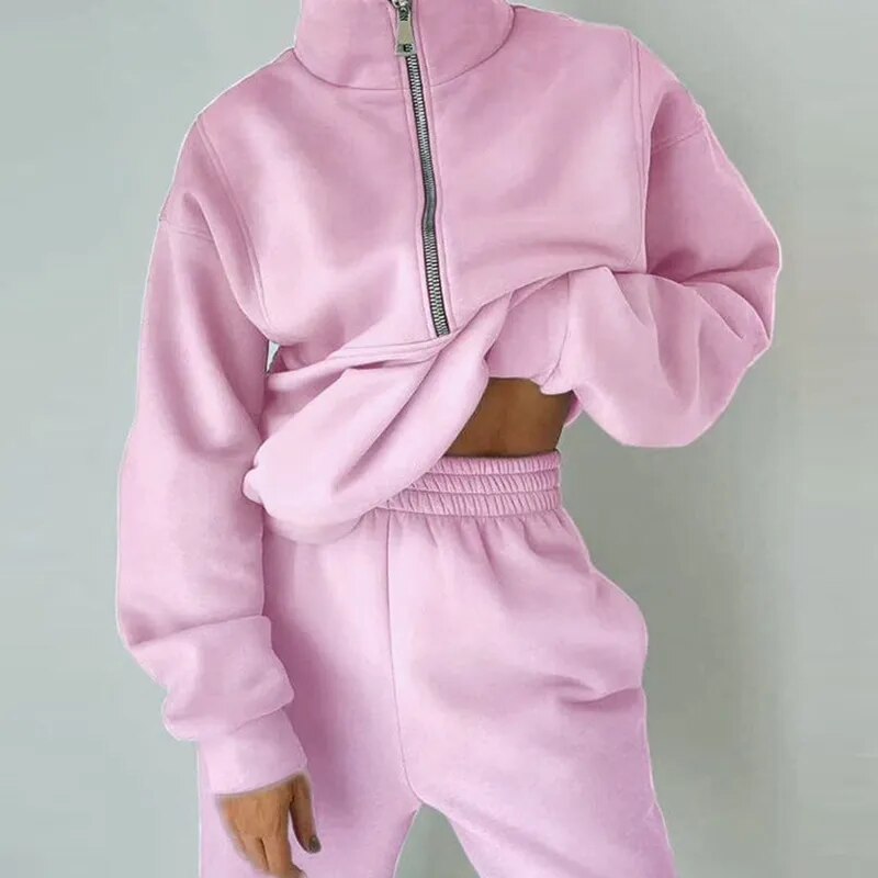 Fashion Comfortable Hooded Women Tracksuit 2Pc Set Casual Street Solid Simple Suits New Loose Hoodie Straight Long Pants Outfits Pink