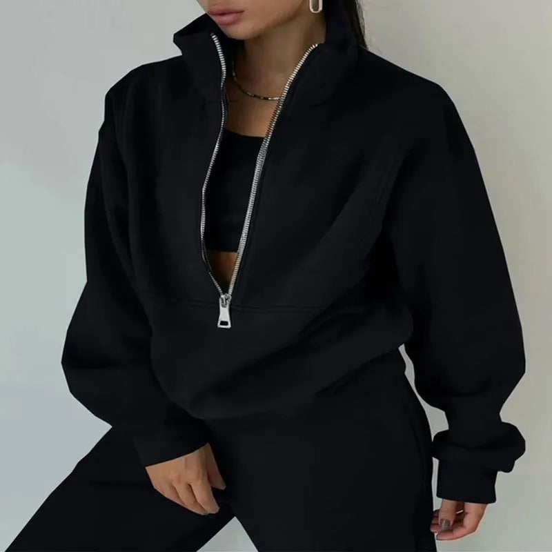 Fashion Comfortable Hooded Women Tracksuit 2Pc Set Casual Street Solid Simple Suits New Loose Hoodie Straight Long Pants Outfits Black
