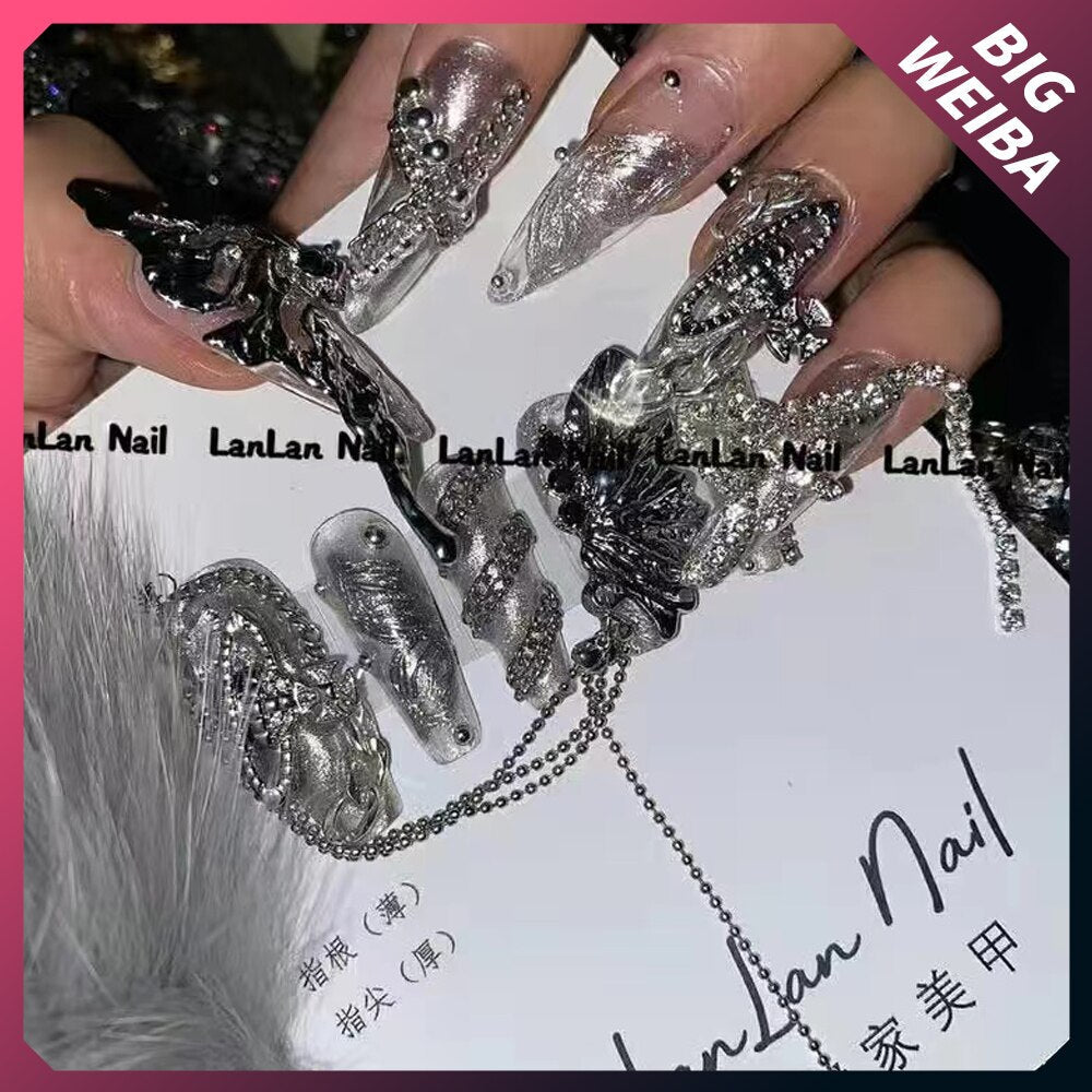 Fashion Cool Personality Cosplay Party Nails Long Coffin 3D High-End Chain Nail Tips Girls Gift Accessories