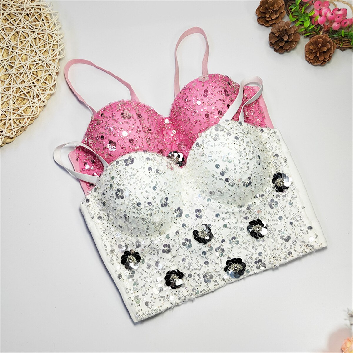 Fashion Crop Top With Built-in Bra Women Beaded Sequins Detachable Strap Female Sexy Ladies Corset Push Up Bustier