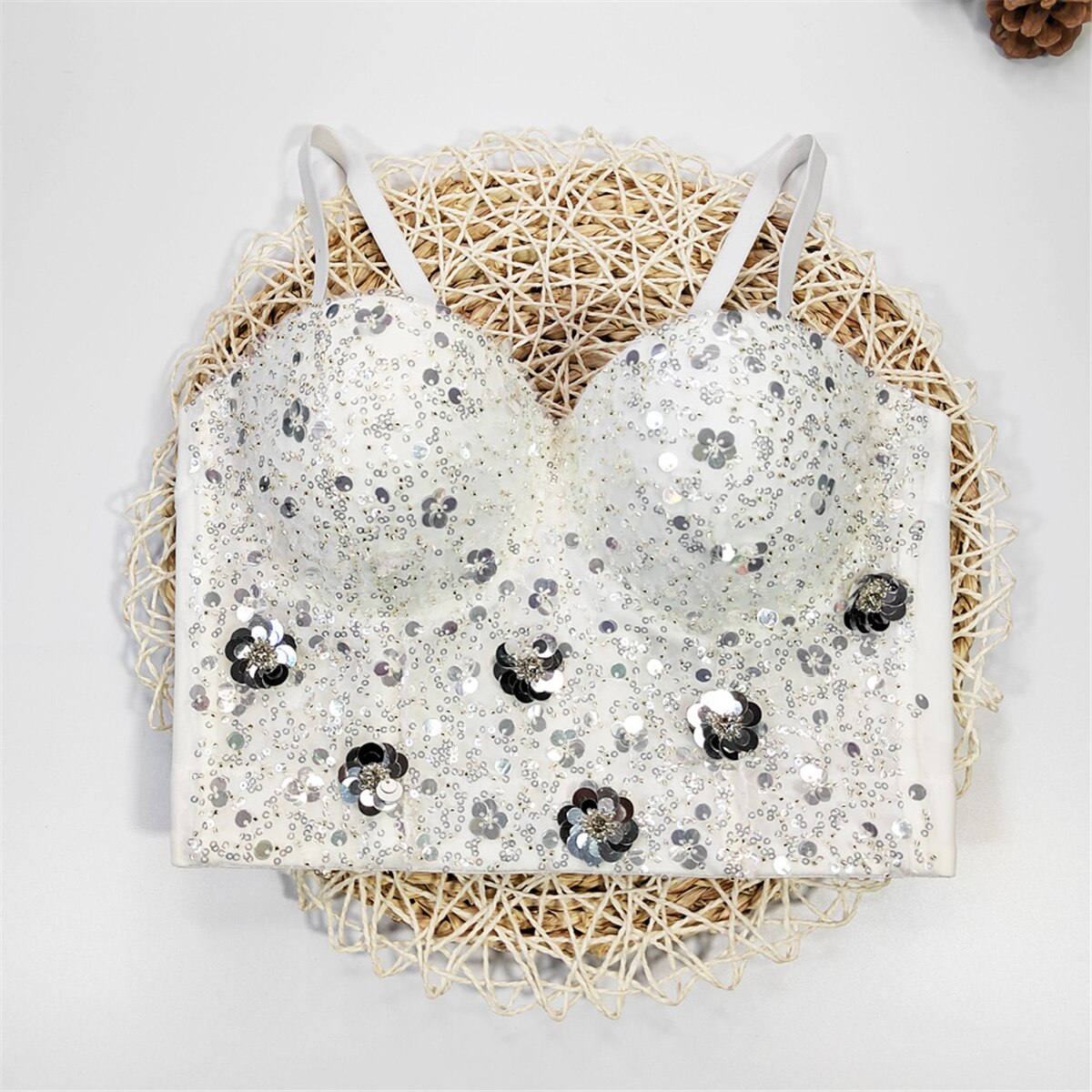 Fashion Crop Top With Built-in Bra Women Beaded Sequins Detachable Strap Female Sexy Ladies Corset Push Up Bustier