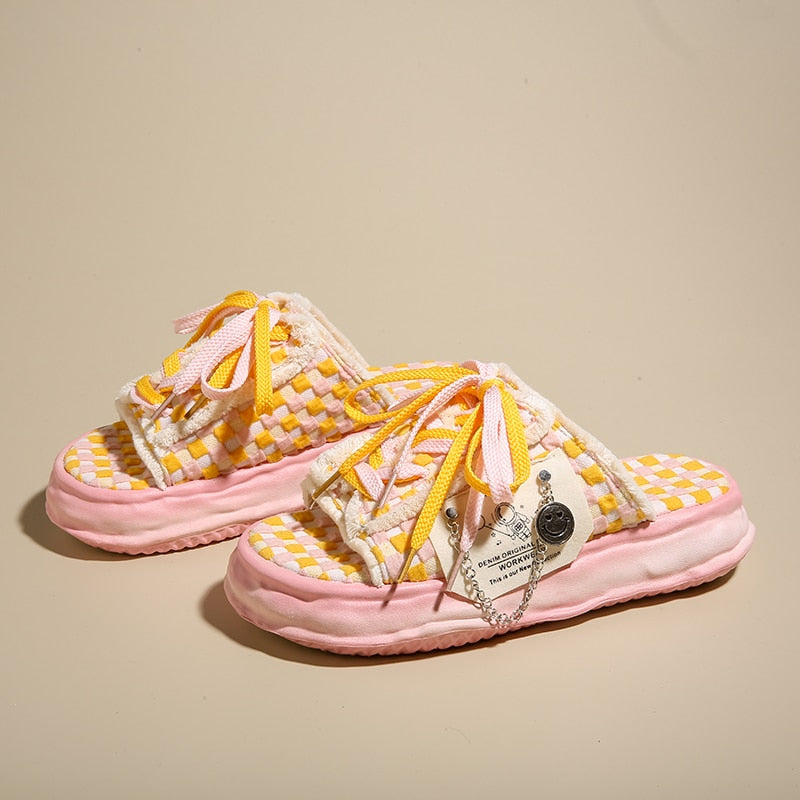 Fashion Design Summer Women Graffiti Slippers Platform Shoes Mules Flip Flops Street Sandals Clogs Flat Casual Shoes For Female Pink