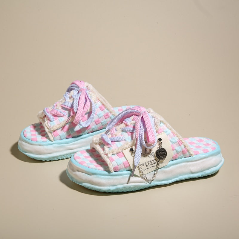 Fashion Design Summer Women Graffiti Slippers Platform Shoes Mules Flip Flops Street Sandals Clogs Flat Casual Shoes For Female Blue