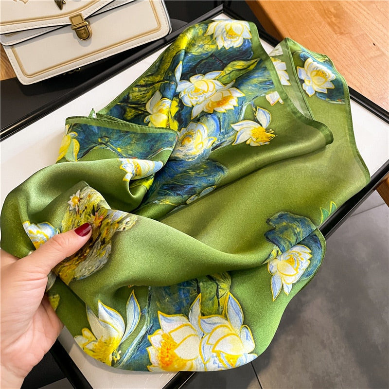 Fashion Designer Print 100% Natural Silk Square Scarves Women Hairband Neck Foulard Female Small Kerchief Bandana New 2024 FZ182-1 53cm real silk