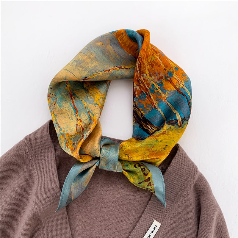 Fashion Designer Print 100% Natural Silk Square Scarves Women Hairband Neck Foulard Female Small Kerchief Bandana New 2024 FZ118-1 53cm real silk