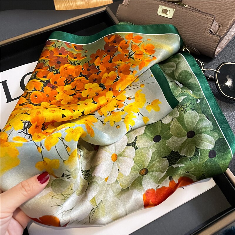 Fashion Designer Print 100% Natural Silk Square Scarves Women Hairband Neck Foulard Female Small Kerchief Bandana New 2024 FZ186-1 53cm real silk