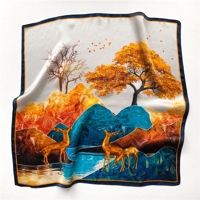 Fashion Designer Print 100% Natural Silk Square Scarves Women Hairband Neck Foulard Female Small Kerchief Bandana New 2024