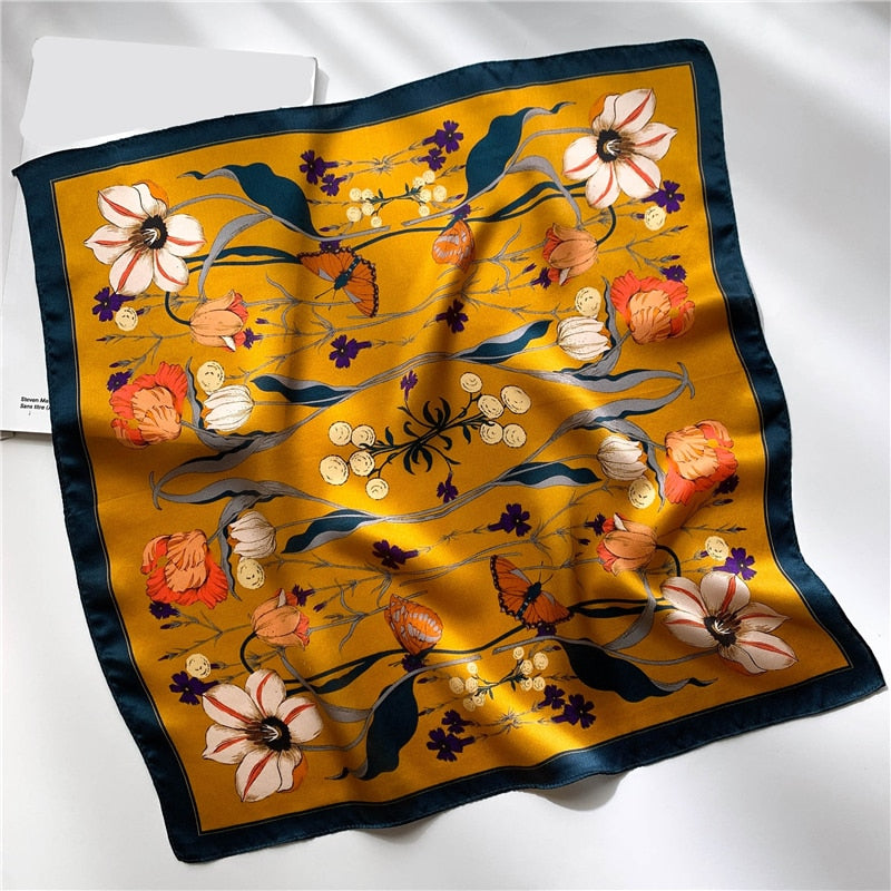 Fashion Designer Print 100% Natural Silk Square Scarves Women Hairband Neck Foulard Female Small Kerchief Bandana New 2024 FZ165-1 53cm real silk