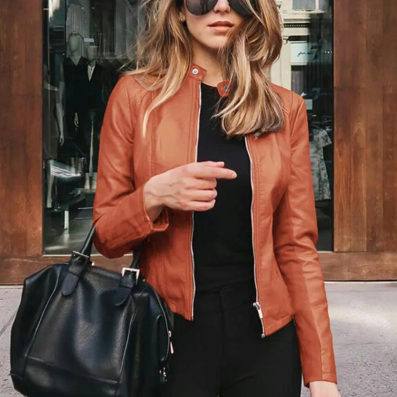 Fashion Faux Soft PU Leather Jackets Autumn Short Coat Motorcycle Leather Jackets Female Slim PU Jacket Outwear Orange