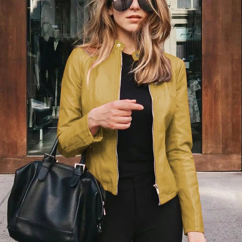 Fashion Faux Soft PU Leather Jackets Autumn Short Coat Motorcycle Leather Jackets Female Slim PU Jacket Outwear Yellow