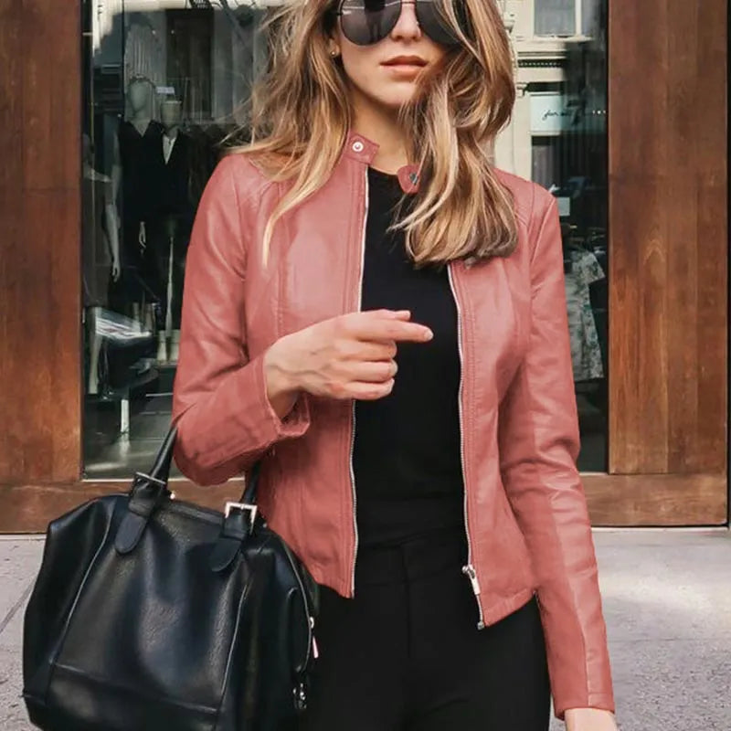 Fashion Faux Soft PU Leather Jackets Autumn Short Coat Motorcycle Leather Jackets Female Slim PU Jacket Outwear Pink