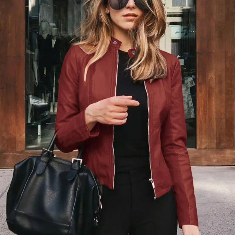 Fashion Faux Soft PU Leather Jackets Autumn Short Coat Motorcycle Leather Jackets Female Slim PU Jacket Outwear Burgundy