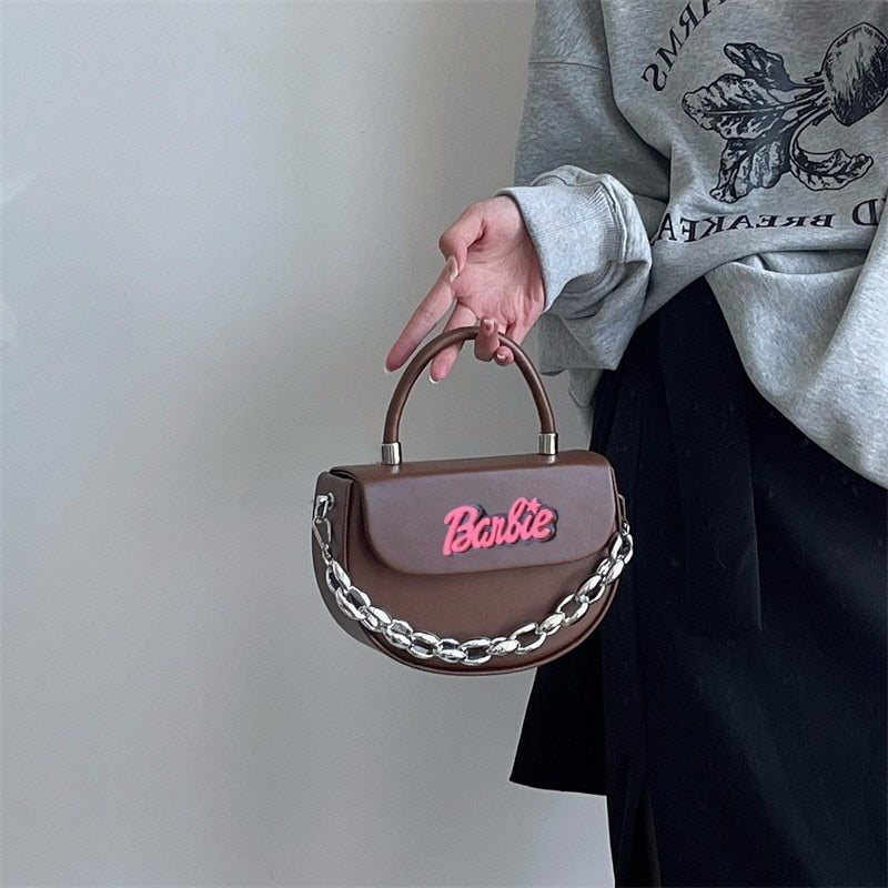 Fashion Female Barbie Letter Chain Crossbody Square Bag Y2K Girls Shoulder Messenger Bag Portable Coin Purse Pouch Handbag Gifts brown