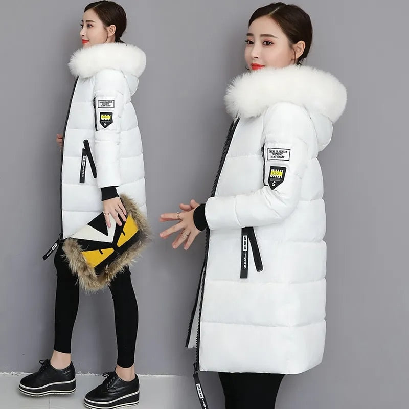 Fashion Fur Collar Hooded Down Cotton Coat Womens Winter Parkas Jacket Long Warm Padded Puffer Parkas Snow Wear Outwear Female White