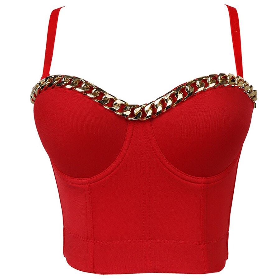 Fashion Gold-Plated Chain Corset Top Nightclub Sexy Tops Women Crop Top To Wear Out Bra Push Up Bustier Female Clothing DB1052 Red