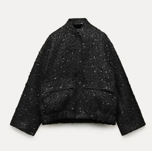 Fashion Gold Sequin O-neck Women Short Jacket Covered Button Long Sleeve Loose Elegant Coat Autumn farty Casual Lady Streetwears black