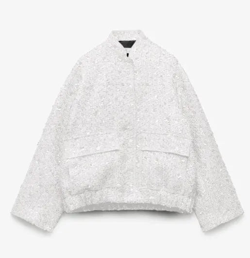 Fashion Gold Sequin O-neck Women Short Jacket Covered Button Long Sleeve Loose Elegant Coat Autumn farty Casual Lady Streetwears white