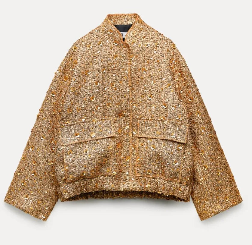Fashion Gold Sequin O-neck Women Short Jacket Covered Button Long Sleeve Loose Elegant Coat Autumn farty Casual Lady Streetwears gold coat